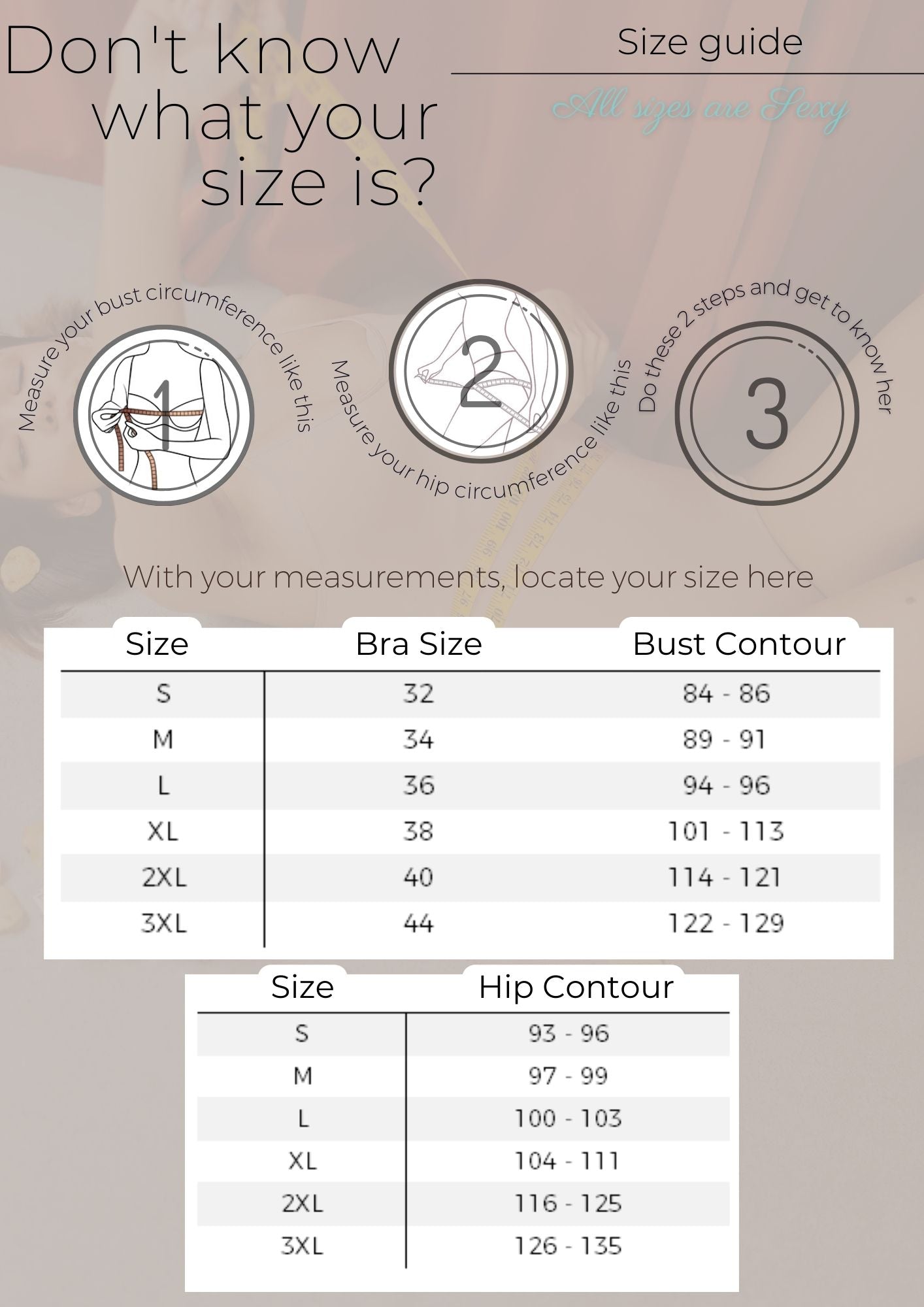 size guide, how do I know my bra size, how do I know my lingerie size, lingerie store, know the correct size of your bra, size guide for bodysuits, size guide for panties panties, plus size size guide
